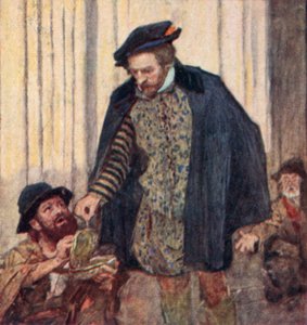 Shakespeare geeft een cent aan een bedelaar