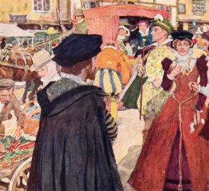 Shakespeare observeert de dwaze mode en capriolen van de fops op Ludgate Hill, Londen door after William Hatherell