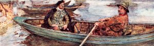 Shakespeare met een roeier die over de Theems, Londen, wordt geroeid