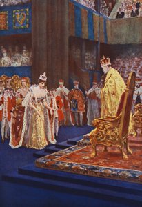 Koningin Alexandra buigt voor koning Edward VII op weg naar haar troon