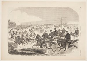 De cavalerie en artillerie van de Unie beginnen de achtervolging van de rebellen op de Yorktown Turnpike
