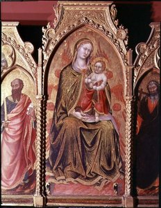 Altaarstuk van Gerard Cossassi degli Assi, detail van het centrale paneel dat de Madonna en Kind op de troon afbeeldt door also Manfredi de Battilori Bartolo di Fredi