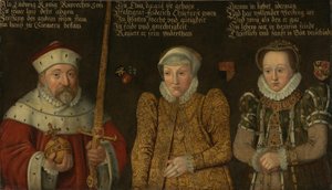 Duits: Portret van keurvorst Frederik III van de Palts (1515-1576) met zijn vrouwen Maria von Brandenburg-Kulmbach en Amalia von Neuenar door anonymous 