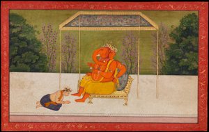 "Indra aanbidt de olifantenhoofdgod Ganesha, gezeten op een troon. Folio uit de Tehri Garhwal Serie van de Gita Govinda
