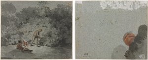 Takdrager (recto) Studie van een Hoofd van Onderaf Gezien (verso) door attributed to Francisque Millet