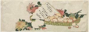 Mand met waaier, chrysanten en paddenstoelen