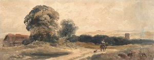Een landweg met reiziger te paard