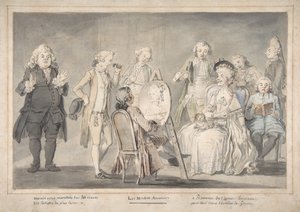 Satirische tekening: Kunstenaar Schildert Portret van Oude Dame door attributed to Pietro Antonio Novelli.