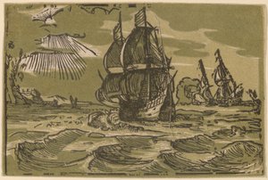 Twee Drie-Master Schepen voor een Kustlijn door attributed to workshop of Willem Jansz. Blaeu