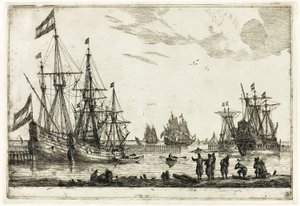 Vier zeilschepen in een golfbreker, uit dertien marinescènes