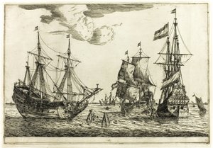 Drie aangemeerde zeilschepen, uit Dertien Marinescènes
