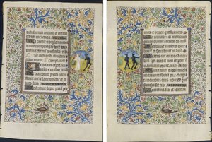 Blad uit een getijdenboek: Engel die een duivel achtervolgt (recto) en twee duivels (verso)