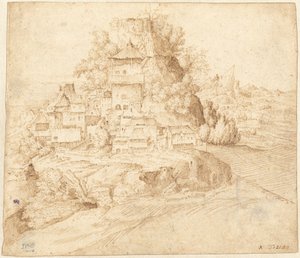 Een Dorp aan de Voet van een Heuvel (recto) door circle of Giorgione