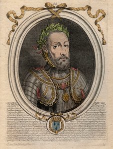 Portret van Hendrik II (1519-1559), koning van Frankrijk. Gravure uit 