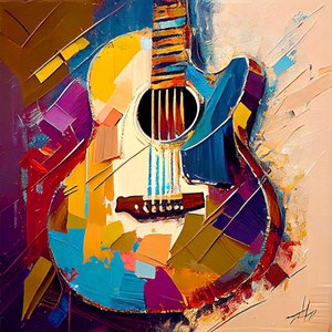 Abstracte muziek kunst, Elektrische gitaar schilderij in volle kleur, canvas afdrukken