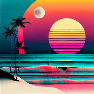 Zonsondergang boven het strand en palmbomen, Muurkunst | Canvas Prints