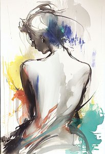 Aquareltekening van een Vrouw Zittend met haar Rug naar de Kijker