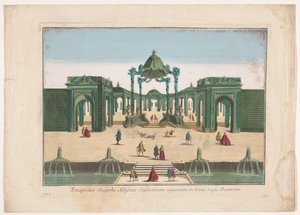 Gezicht op de pergola en de fonteinen van een tuin van de koning van Denemarken