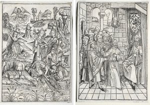 Der Schatzbehalter: Mozes Gevonden door de Dochter van Farao (recto); Der Schatzbehalter: Christus voor Kajafas (verso) door firm of Christophe Philippe Oberkampf