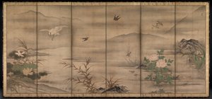 Vogels en Bloemen in een Landschap van de Vier Seizoenen door follower of Sesshū Tōyō
