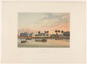 Waterkant met Gouverneurshuis te Paramaribo Suriname. Gouvernements-huis en plein te Paramaribo door jonkheer Jacob Eduard van Heemskerck