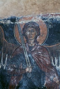 Engel met zwaard, fresco in Byzantijnse kerk van St. George, Komitades, Kreta, Griekenland (foto)