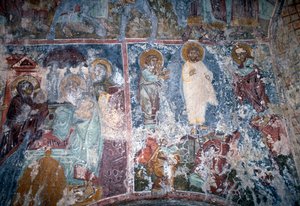 Christus en heiligen, fresco in Byzantijnse kerk van Sotiras Christos, Vlithias, Kreta, Griekenland