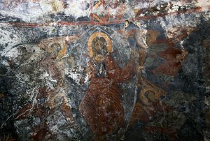 Christus met engelen en heilige, fresco in kerk van Panagia, Kitiros, Kreta, Griekenland (foto)