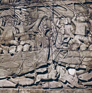 Zeeslag tussen Cham en Khmer, detail van een bas-reliëf van Bayon Tempel (13e eeuw), Angkor Thom, Angkor archeologisch site (UNESCO Werelderfgoedlijst)