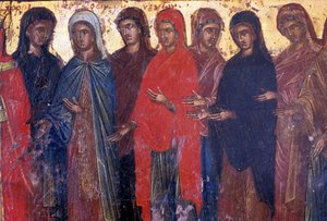 Vrome vrouwen, houten paneel in Byzantijnse kerk van Palea Roumata, Kreta, Griekenland door Theodore Charles Ange Coquelin