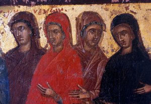 Vrome vrouwen, houten paneel in Byzantijnse kerk van Palea Roumata, Kreta, Griekenland door Theodore Charles Ange Coquelin