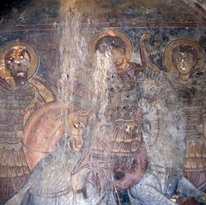Heiligen te paard, fresco in kerk in Kandanos, Kreta, Griekenland (detail) door Theodore Charles Ange Coquelin