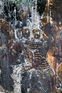 Soldaat, beschadigde fresco op plafond van kerk van Agios Vasileios, Vavouledo, Kreta, Griekenland door Theodore Charles Ange Coquelin