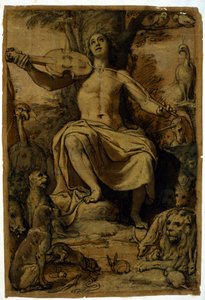 Orpheus betovert de dieren met de muziek van een viool. Tekening door Federico Zuccari (1542 - 1609). door or Zuccaro Federico Zuccari