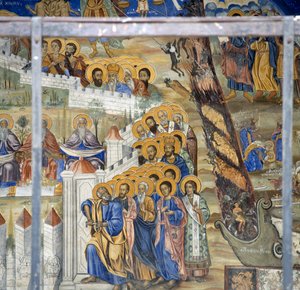 St. Peter opent de poorten van de hemel, Laatste Oordeel fresco in het klooster van Timios Prodromos, Serres, Centraal Macedonië, Griekenland