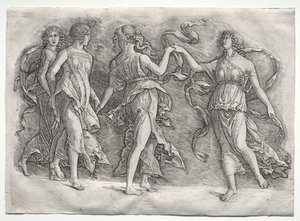 Vier dansende muzen door probably by the so called Premier Engraver
