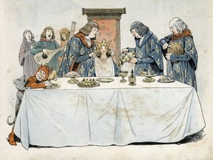 Een klein meisje met een kroon zit op een troon aan een bankettafel. Een grote esong schonk haar een drankje in, een grote mandenmaker sneed brood en een grote kamerheer bond een handdoek om haar nek. Troubadours en een dwerg vermaken haar. Allegorie van d door pseudonym for Onfray de Breville Jacques Job
