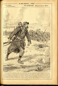 Agenda Buvard du Bon Marché 1917 - Illustratie van Job (Jacques Marie Gaston Onfray de Bréville) (1858-1931): Marne september 1914 - Oorlog van 14-18, Marne, Grote Slagen, Slag bij de Marne - Soldaten door pseudonym for Onfray de Breville Jacques Job