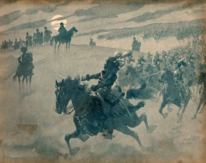Allegorie van Joachim Murat die met zijn cavalerie voor Napoleon I Bonaparte passeert. Gravure door Jacques Marie Gaston Onfray de Breville, genaamd Job door pseudonym for Onfray de Breville Jacques Job