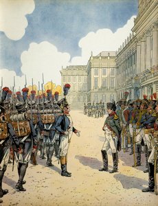 Bij Schoebrunn, Napoleon I Bonaparte (1769-1821) inspecteerde de troepen voor de Slag bij Wagram op 5 en 6 juli door pseudonym for Onfray de Breville Jacques Job