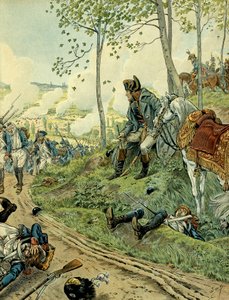 Veldtocht van Italië (1799-1800): Napoleon I Bonaparte (1769-1821) bij de Slag bij Marengo op 14 juni 1800 in Piëmont (Italië), tegenover de Napoleontische en Oostenrijkse legers. Illustratie door Jacques Marie Gaston Onfray de Breville, bekend als JOB (18 door pseudonym for Onfray de Breville Jacques Job