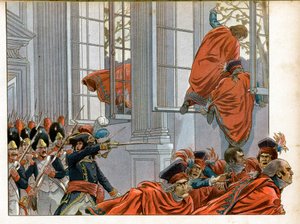 Consulaat: Joachim Murat betreedt de Kamer van de Raad van Vijfhonderd met 50 mannen om de senatoren te verdrijven tijdens de staatsgreep van 18 Brumaire (9 november 1799) die een einde maakte aan het Directoire en het Consulaat inluidde door pseudonym for Onfray de Breville Jacques Job