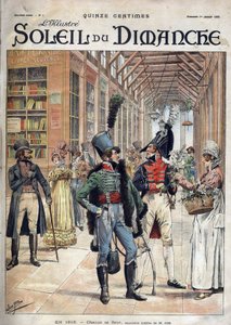 Ieder zijn eigen bloem. Een soldaat kocht bloemen van een verkoopster in een overdekte galerij in Parijs in 1816. Naar een aquarel van Mr. Job. Gravure in 