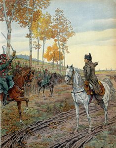 Keizer Napoleon I Bonaparte (1769-1821) toesprak het tweede regiment ruiterjagers in 1806 tijdens de campagne van Pruisen (Duitsland) voor de Slag bij Jena op 14 oktober 1806. In 