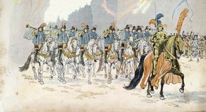 Intocht van koning Karel VI (1368-1422) in Parijs begeleid door dertig trompetten. in 