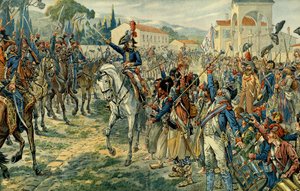 Eerste Italiaanse veldtocht (1796-1797): Napoleon I Bonaparte inspecteert het leger van Italië in Nice op 27 maart 1796. Illustratie door Jacques Marie Gaston Onfray de Breville, bekend als JOB. Privécollectie
