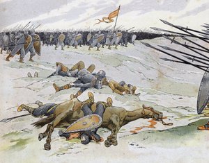 Frans-Engelse Oorlog (1202-1214): soldaten die stierven in de Slag bij Bouvines op 27/07/1214 die het Franse leger van Philippe Auguste tegenover de Vlaamse en Welfen van Othon IV stelde. in "Frankrijk, zijn verhaal verteld door G. Montorgueil, geïllustree door pseudonym for Onfray de Breville Jacques Job