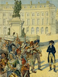 Franse Revolutie 1789: Napoleon I Bonaparte (1769-1821) bedreigd door de menigte van de sans-culottes op 10 augustus 1792 nabij het standbeeld van Lodewijk XIV (1638-1715) door Desjardins voordat het werd omvergeworpen, Place des Victoires in Parijs. Illus door pseudonym for Onfray de Breville Jacques Job