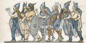 Gallische krijgers met hun helmen, zwaarden en schilden. in 