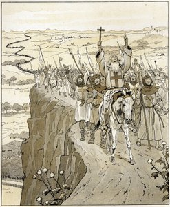 God wil het Woorden van de menigte die Peter de Kluizenaar volgde, Franse religieuze uit de 11e eeuw, predikend de bevrijding van de heilige plaatsen op weg naar Jeruzalem. Illustratie van Job (Jacques Marie Gaston Onfray)